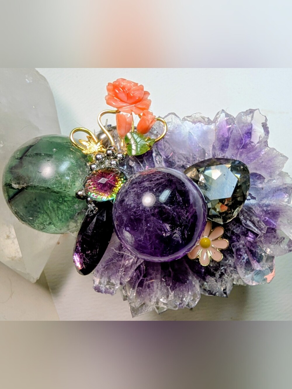 Wendy Gell cuff amethyst slice with two globes Swarovski jewels Tiger eye Amber
